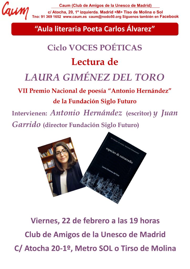 Viernes 22 de febrero - 19 h. Lectura poética de Laura Giménez del Toro