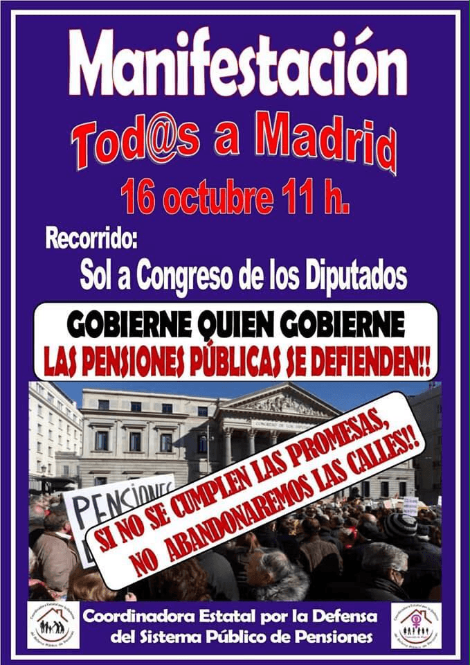 Miércoles 16 de octubre - 11 h. En defensa de las pensiones - Manifestación Sol - Congreso Diputados